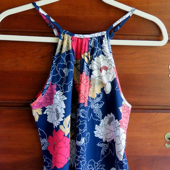 BOG Collective XS Sleeveless Handkerchief High Neck Navy Floral Print Blouse - Picture 12 of 12